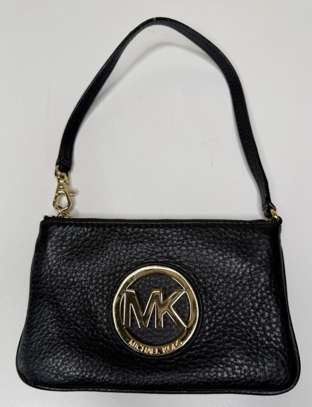 Michael Kors Fulton Wristlet Small Black Pebbled Leather Gold Logo Zip Top Purse